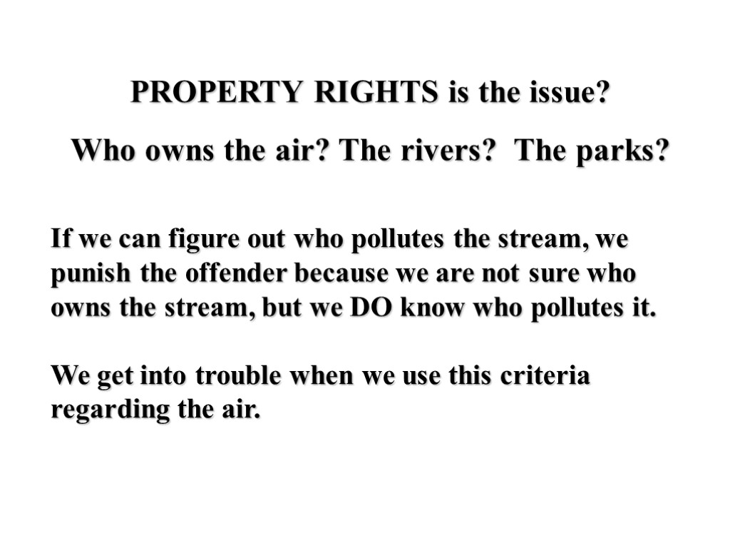 PROPERTY RIGHTS is the issue? Who owns the air? The rivers? The parks? If